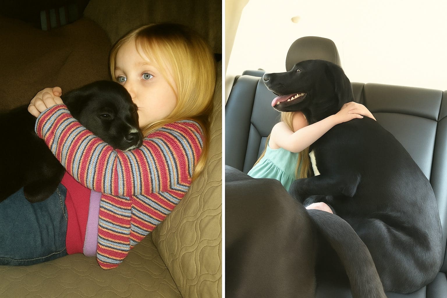 Side-by-side photos of a girl hugging a black puppy, then the same girl hugging the grown dog in a car.