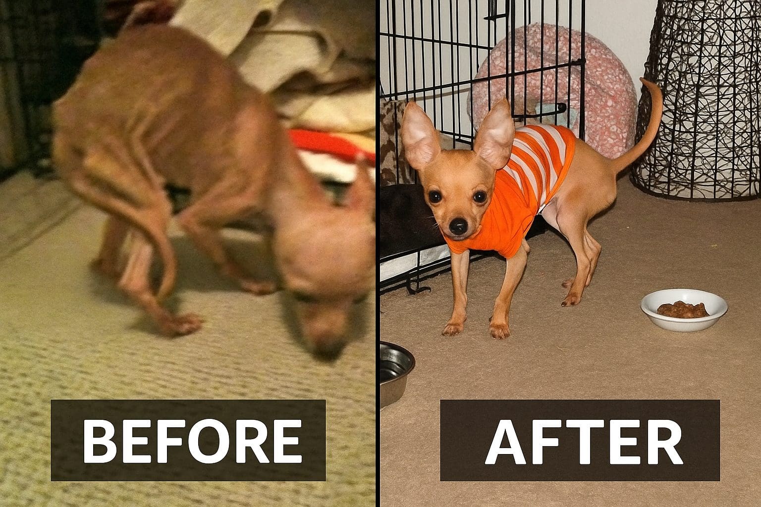 Before-and-after photos of Joey, a rescued Chihuahua, showing recovery from severe neglect to health.