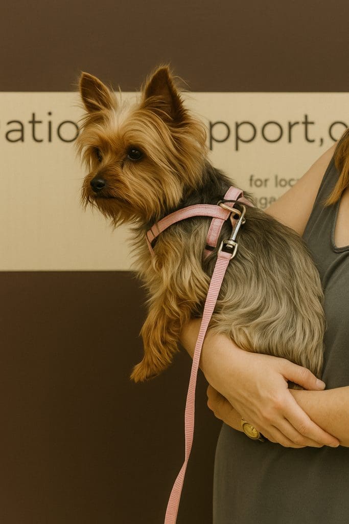 Senior Yorkie in a pink harness being gently held, looking alert and calm against a neutral background.
