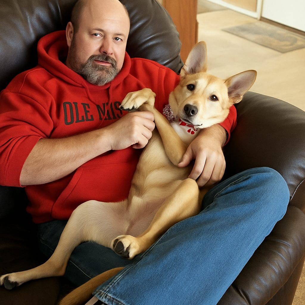 Rescue dog reclining belly-up on couch in his adoptive dad’s arms, both looking relaxed and happy.