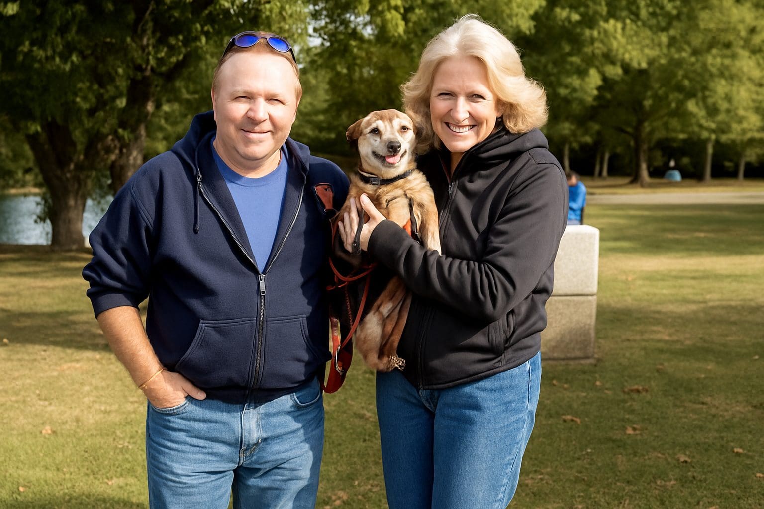 Bandit, a senior rescue dog, is held by his smiling adoptive family in a sunlit park.