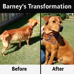 Before-and-after photos of Barney, showing his recovery from starvation to a healthy, happy family dog.