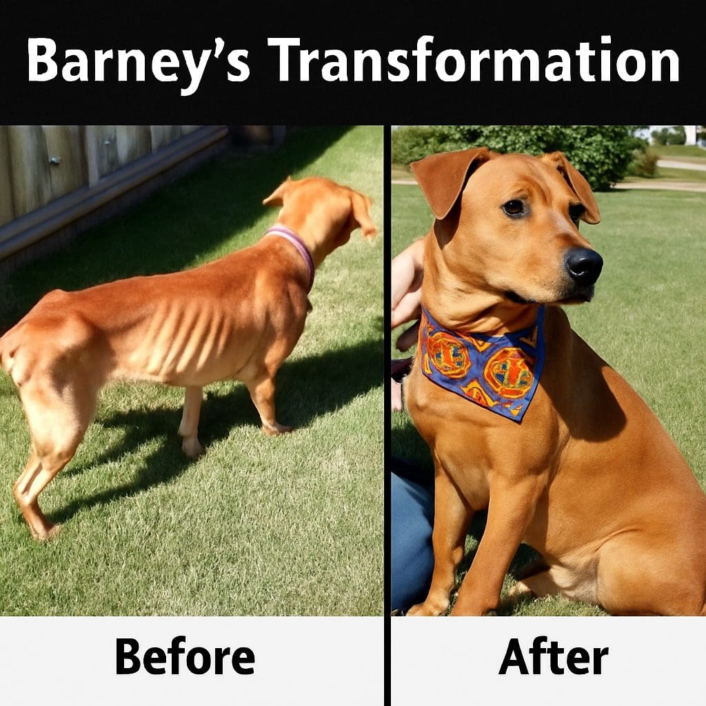 Before-and-after photos of Barney, showing his recovery from starvation to a healthy, happy family dog.