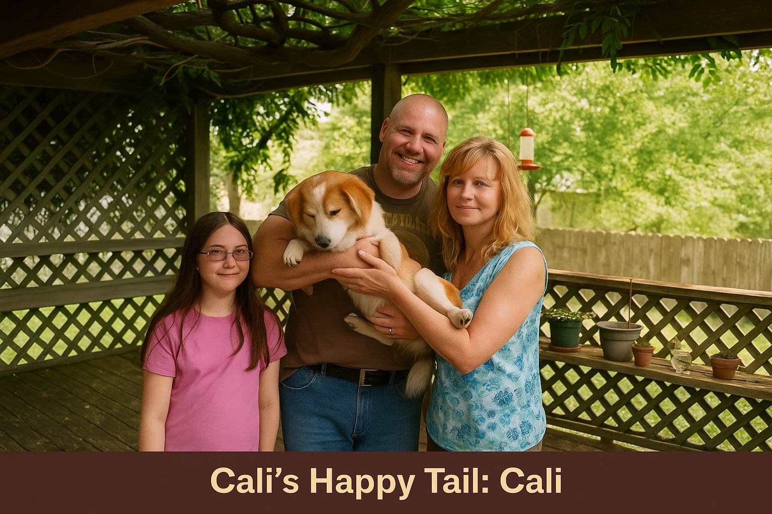 Cali, a sheltie mix, is held by her smiling adoptive family on a sunny backyard deck.