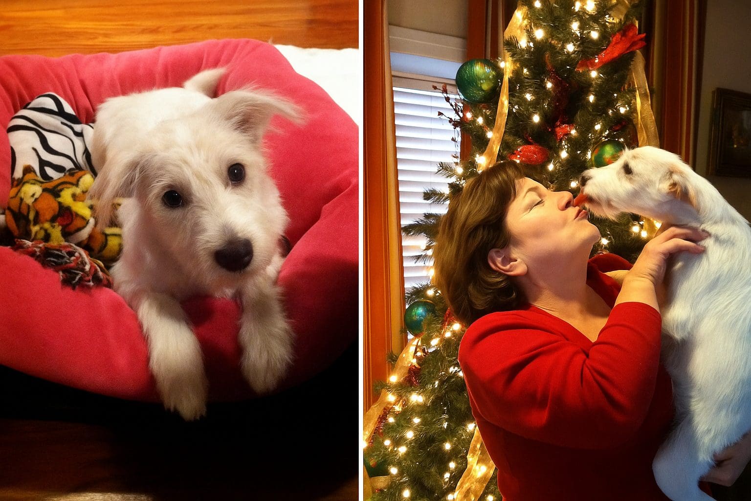 Image 1: White terrier mix puppy lying on a bright pink dog bed with toys. Image 2: Woman in red sweater lovingly holding and kissing a white terrier dog in front of a Christmas tree.