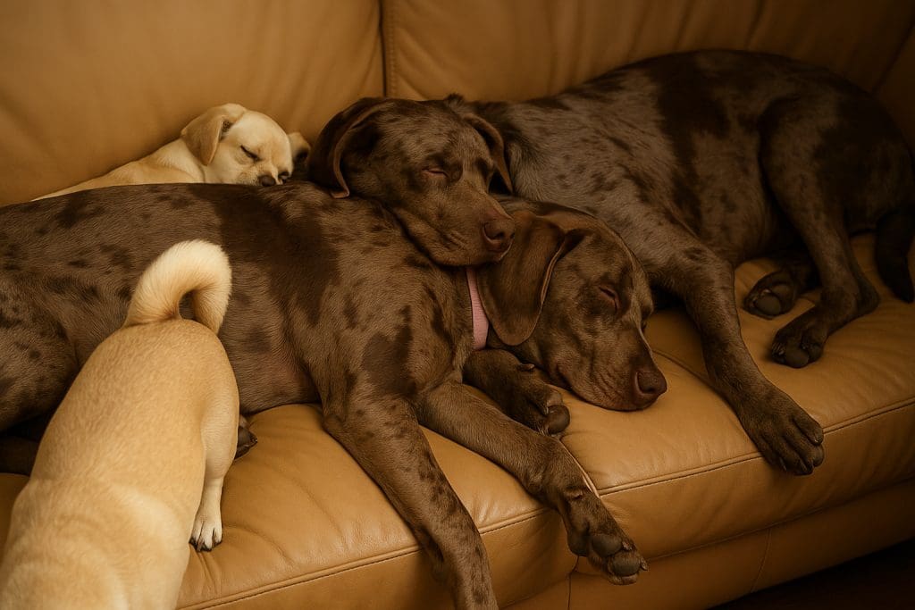 Two merle-patterned Newfoundland/Bluetick Hound mix dogs nap together on a tan leather couch, with a small cream and a fawn dog nearby.