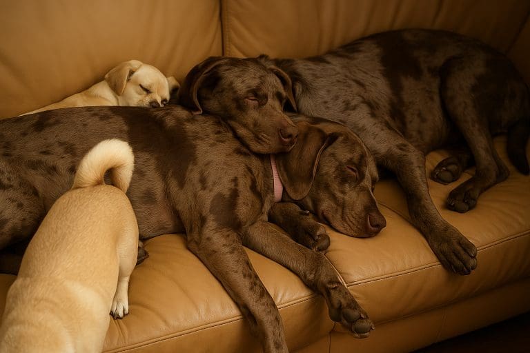 Two merle-patterned Newfoundland/Bluetick Hound mix dogs nap together on a tan leather couch, with a small cream and a fawn dog nearby.