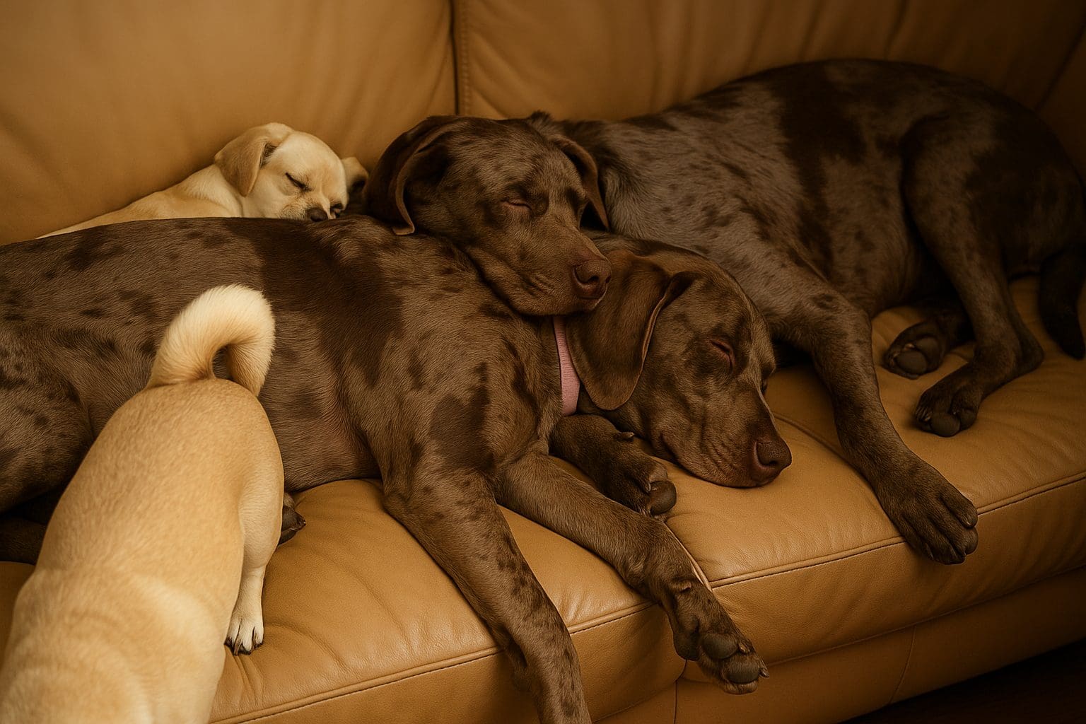 Two merle-patterned Newfoundland/Bluetick Hound mix dogs nap together on a tan leather couch, with a small cream and a fawn dog nearby.