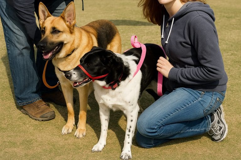 A German shepherd and a border collie mix with their owners at an outdoor pet adoption event, smiling and relaxed.