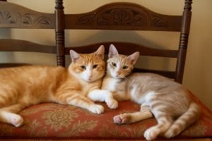 Orange tabby cat Sam and cream tabby cat Flora cuddling together on a patterned cushion chair.