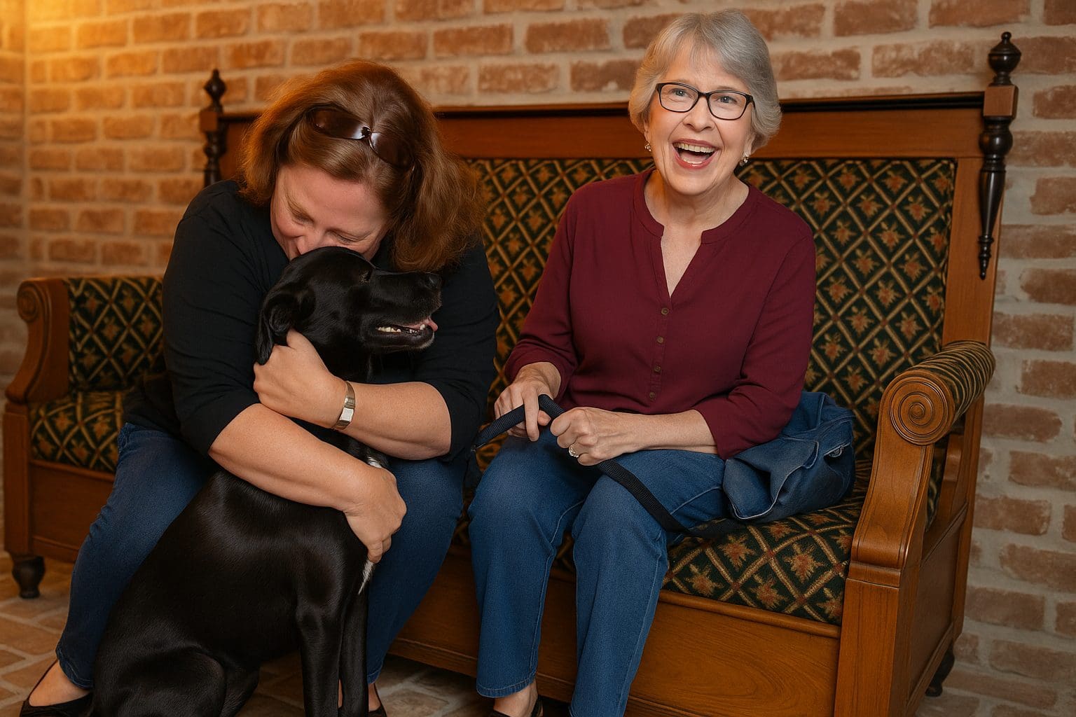 A black rescue dog, facing right, is hugged by a woman in black while another woman in a red top and blue jeans smiles on a wooden bench against a brick wall.
