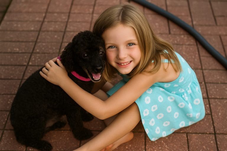 Young girl in blue dress hugging a smiling senior black poodle on a brick patio.