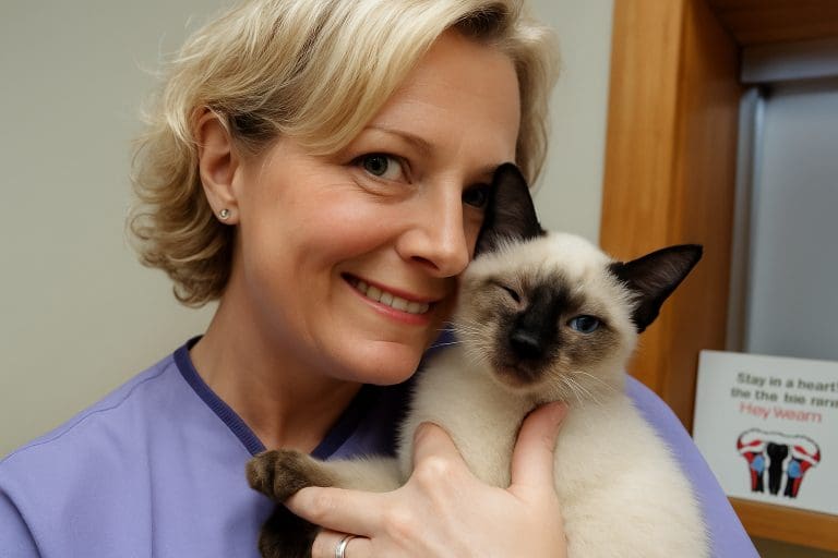 Veterinarian smiling and holding Mr. Miyagi, a Siamese kitten, inside an exam room.