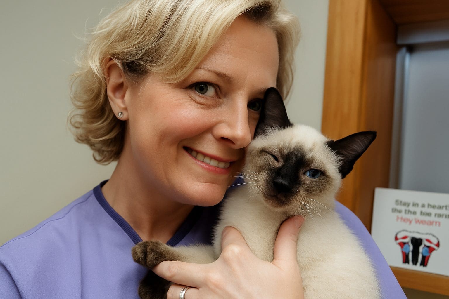 Veterinarian smiling and holding Mr. Miyagi, a Siamese kitten, inside an exam room.