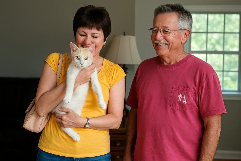 Couple smiling and holding a cream bobtail kitten, Nubs, in a sunlit living room.