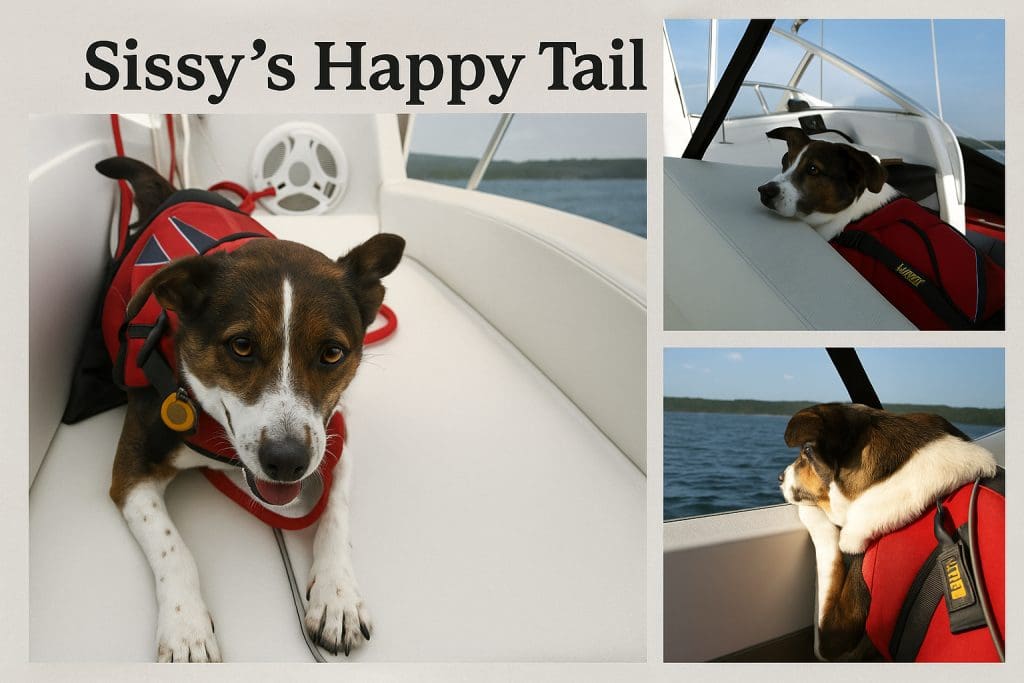 Rescue dog Sissy relaxing and sailing on a boat while wearing a red life vest.