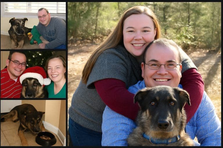 Collage of Smokey, a shy German shepherd, with his loving adoptive family in various home and outdoor moments.