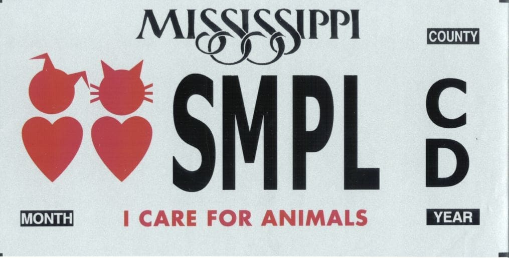 "I Care For Animals" Mississippi  sample license plate.